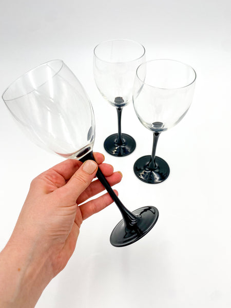 Vintage Luminarc France Black Glass Stem Wine Glasses