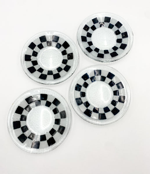 Handblown Black & White Checkered Clear Glass Dessert Plates