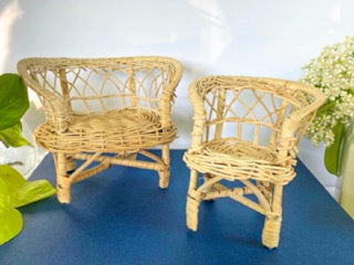 Vintage 1970s (3) Piece Rattan Wicker Doll Furniture Set