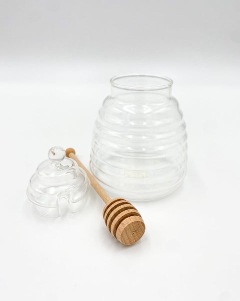 Crate and Barrel Beehive Glass Honey Jar with Wood Dipper