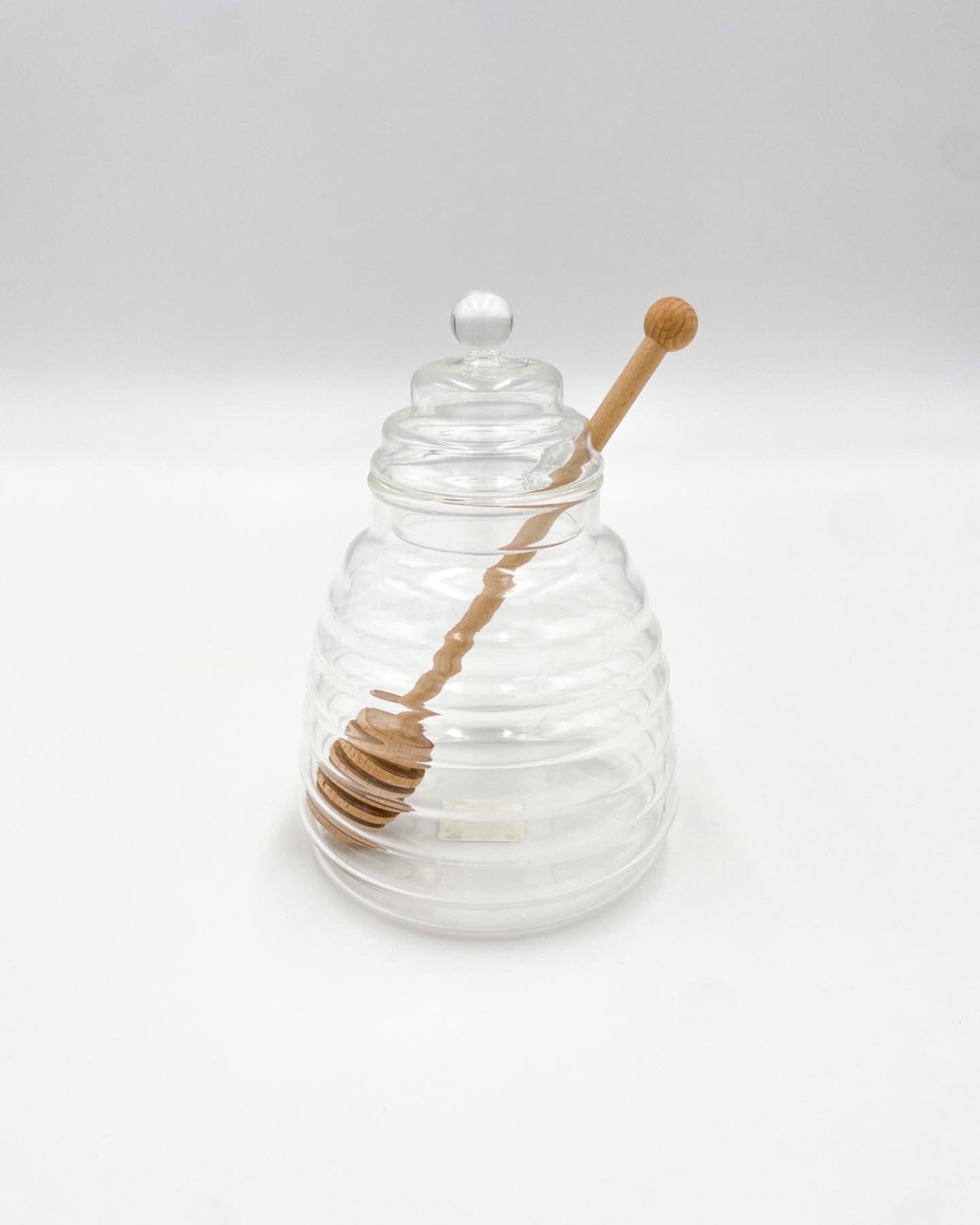 Crate and Barrel Beehive Glass Honey Jar with Wood Dipper