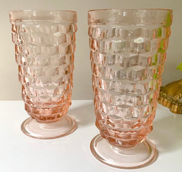 (2) Pink Whitehall Indiana Footed Cubist Glass Tumblers