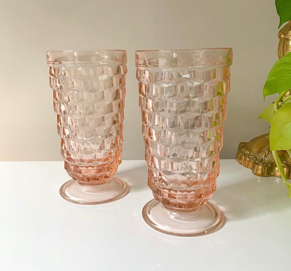 (2) Pink Whitehall Indiana Footed Cubist Glass Tumblers