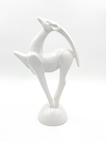 1980s Vintage Royal Haeger White Art Deco Ceramic Glazed Gazelle Statue