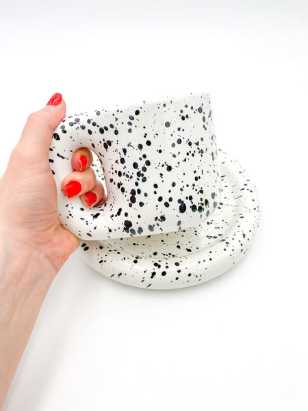 Moreover Black & White Speckled Ceramic Chubby Coffee Mug & Serving Plate