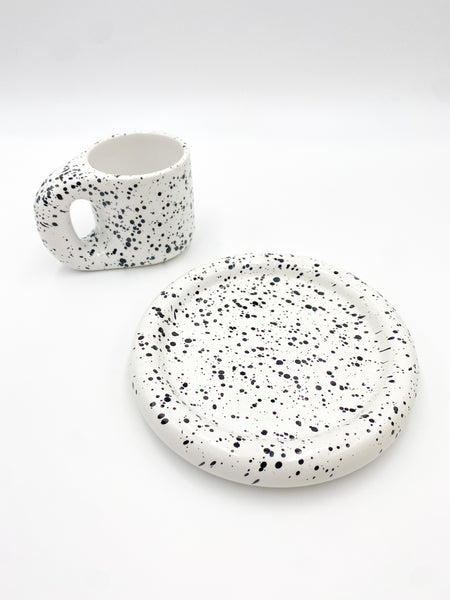 Moreover Black & White Speckled Ceramic Chubby Coffee Mug & Serving Plate