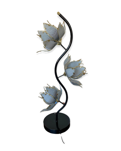 1980s Vintage Retro Brass, Black, & Grey Glass Lotus Flower Table Lamp