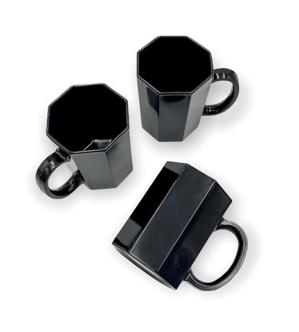 1980s Arcoroc France Octime Black Glass Octagon Coffee Mugs