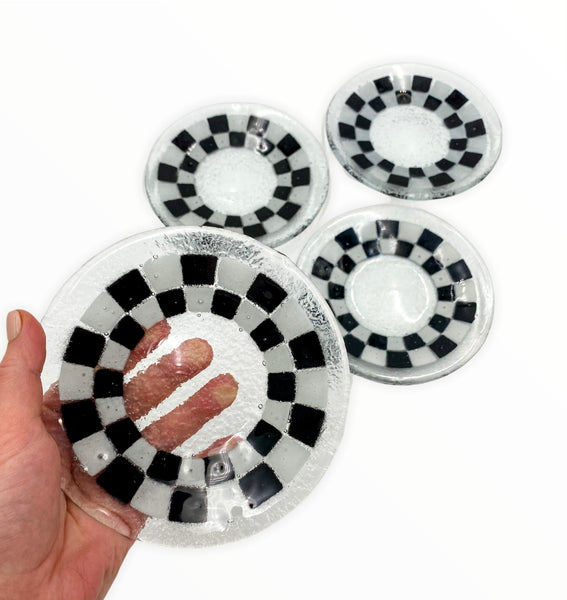 Handblown Black & White Checkered Clear Glass Dessert Plates