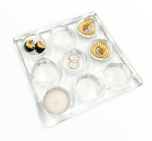 Tea-light 9-Hole Clear Glass Candle Holder Catchall Plate