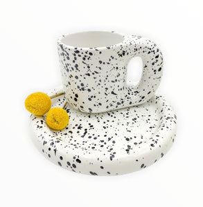 Moreover Black & White Speckled Ceramic Chubby Coffee Mug & Serving Plate