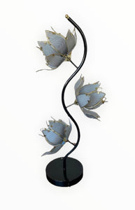 1980s Vintage Retro Brass, Black, & Grey Glass Lotus Flower Table Lamp