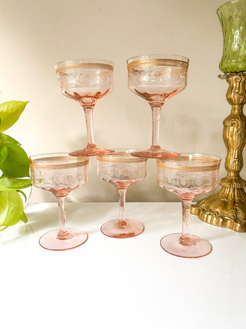 Set of (5) 1920s Pink & Gold Rimmed Etched Champagne Coupe Glasses