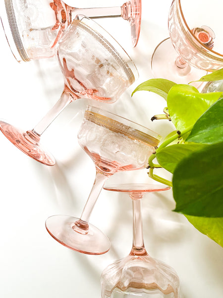 Set of (5) 1920s Pink & Gold Rimmed Etched Champagne Coupe Glasses