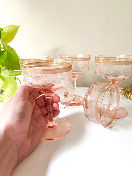 Set of (5) 1920s Pink & Gold Rimmed Etched Champagne Coupe Glasses