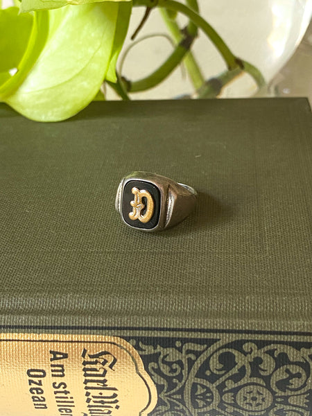 1960s Sterling Silver Onyx Gold Tone “D” Intial Signet Ring