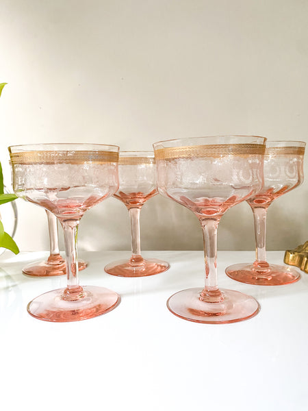 Set of (5) 1920s Pink & Gold Rimmed Etched Champagne Coupe Glasses