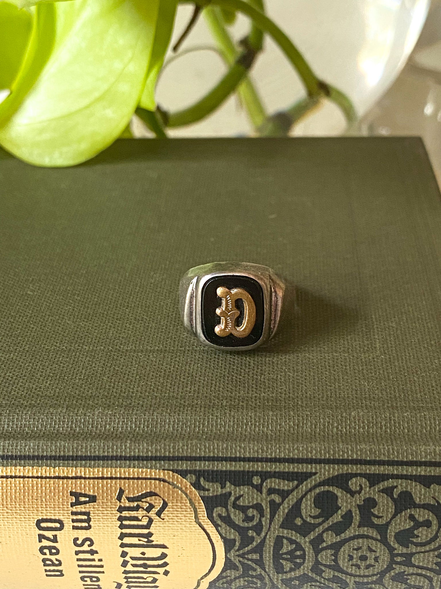 1960s Sterling Silver Onyx Gold Tone “D” Intial Signet Ring