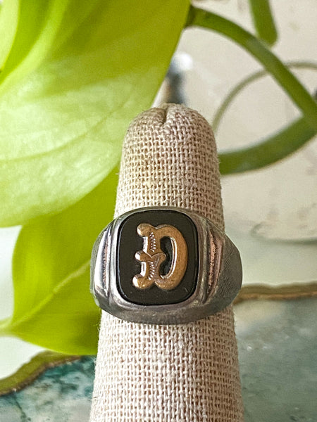 1960s Sterling Silver Onyx Gold Tone “D” Intial Signet Ring